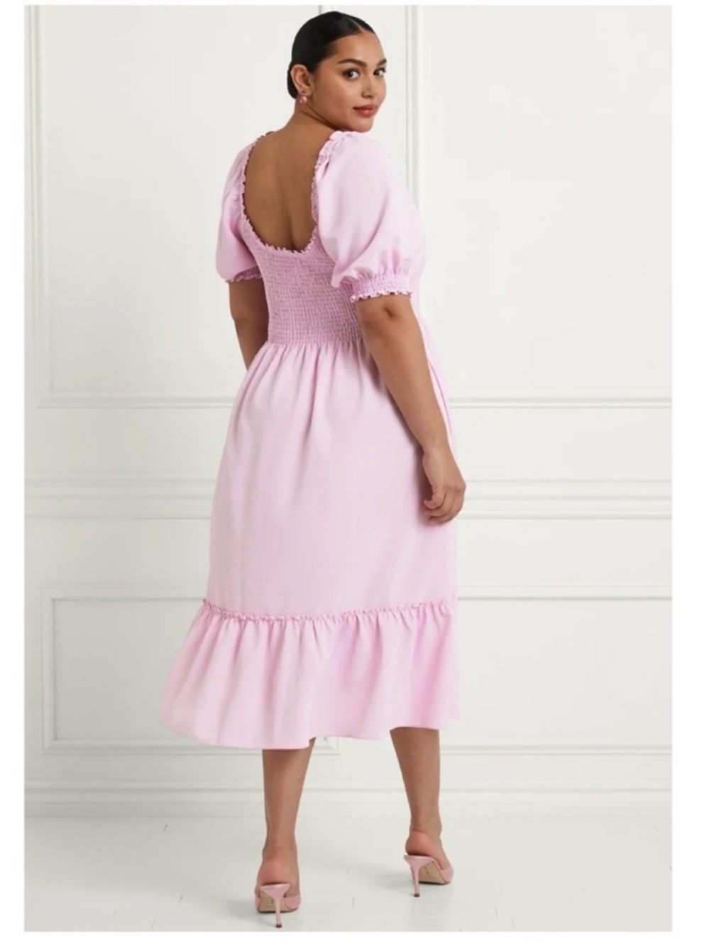 Hill House Home Louisa Nap Midi Dress Pink Smocked Puff Sleeve Size L - Picture 2 of 10
